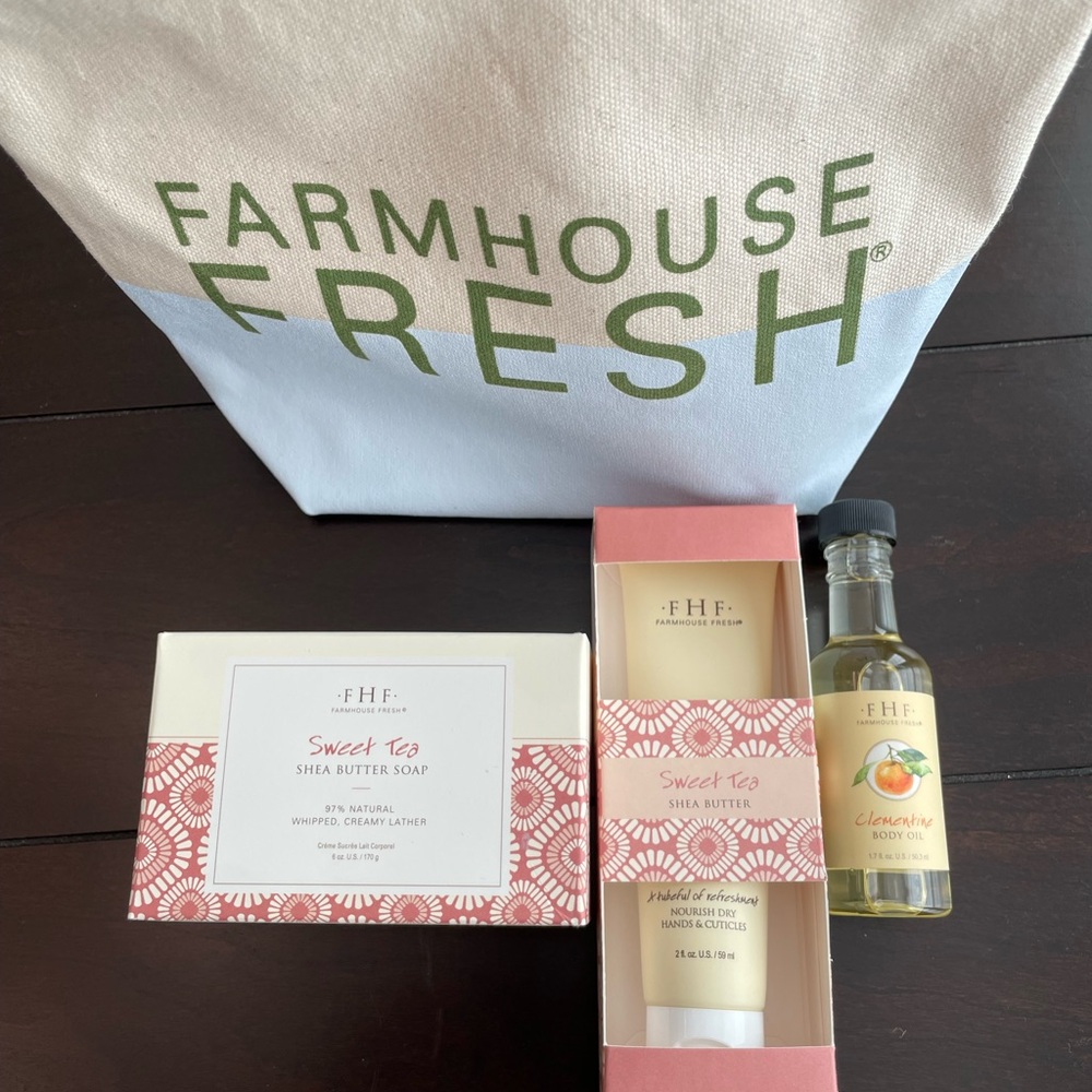 Farmhouse Fresh cosmetic bag, bar soap, hand lotion, body oil